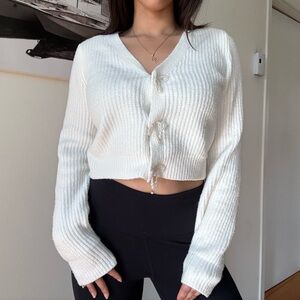 Coquette White Knit Cropped Cardigan Bow Tie Pearl Trim